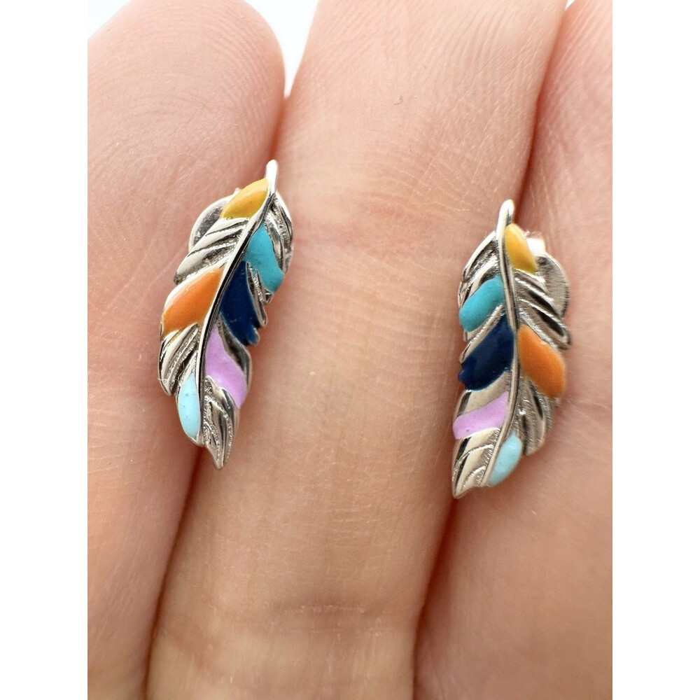 925 Sterling Silver Enamel Feather Stud Earrings